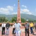 Dev Bhoomi Samiksha गुनियाल गांव में निर्माणाधीन सैन्यधाम का निरीक्षण करते सैनिक कल्याण मंत्री गणेश जोशी। -