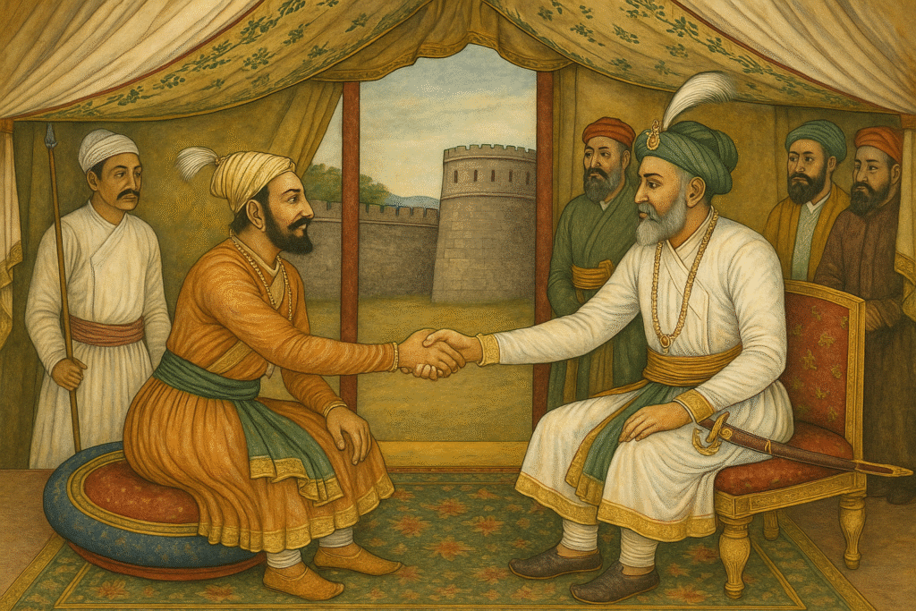 Shivaji meets Mughal general Jai Singh for Purandar Treaty, 1665" Mughal-Maratha Meeting at Purandar Fort