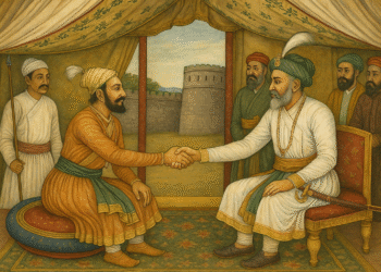 Shivaji meets Mughal general Jai Singh for Purandar Treaty, 1665" Mughal-Maratha Meeting at Purandar Fort