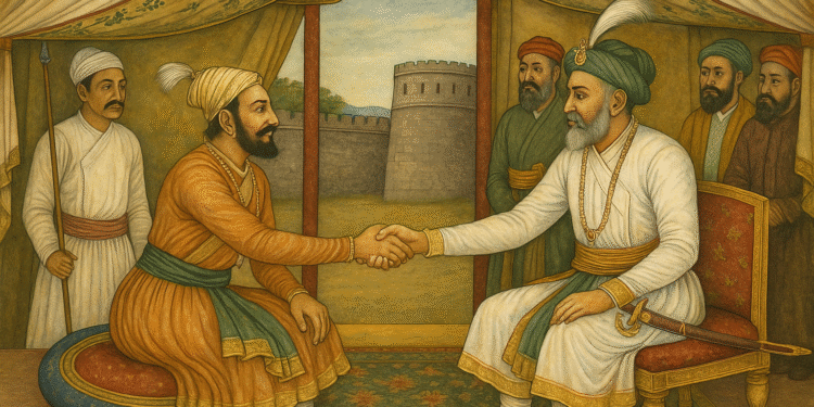 Shivaji meets Mughal general Jai Singh for Purandar Treaty, 1665" Mughal-Maratha Meeting at Purandar Fort